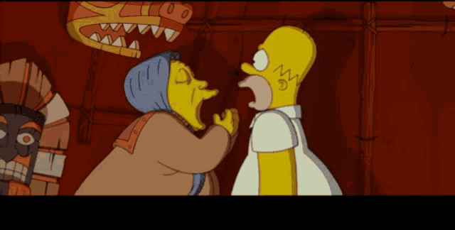 a cartoon of homer simpson and a woman with a mask behind them