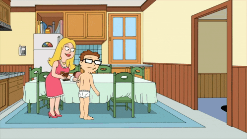 a cartoon of a woman and a boy in a kitchen