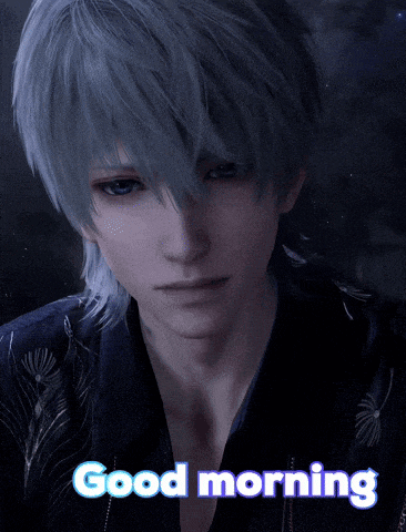 a picture of a man with blue hair and the words good morning below him