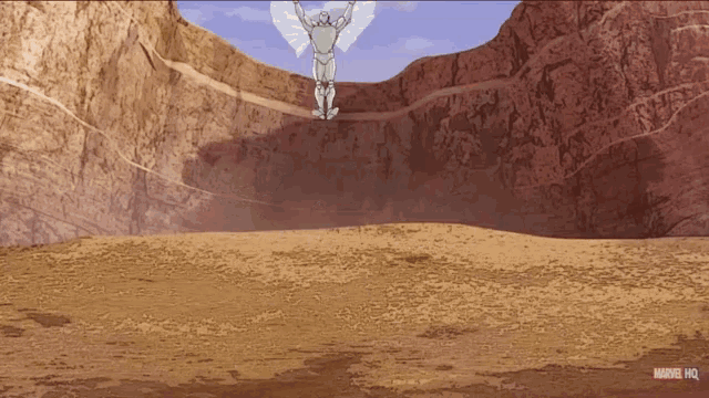 an advertisement for marvel hq shows a man flying over a desert