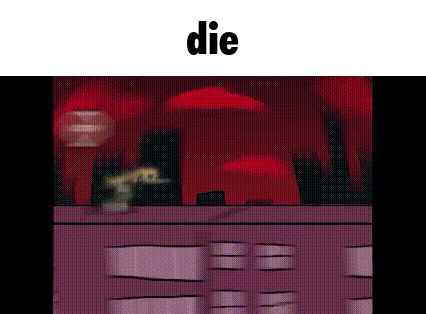 a cartoon character is standing in front of a building with a red background and the words `` die '' .