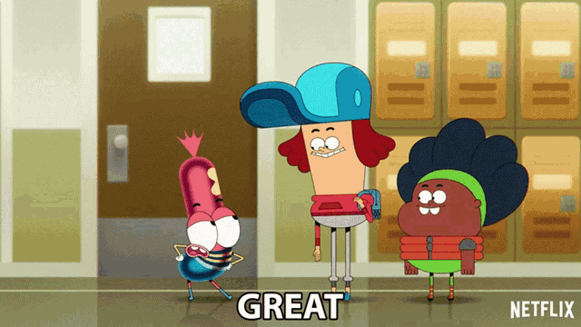 three cartoon characters are standing in a hallway and the word great is on the floor