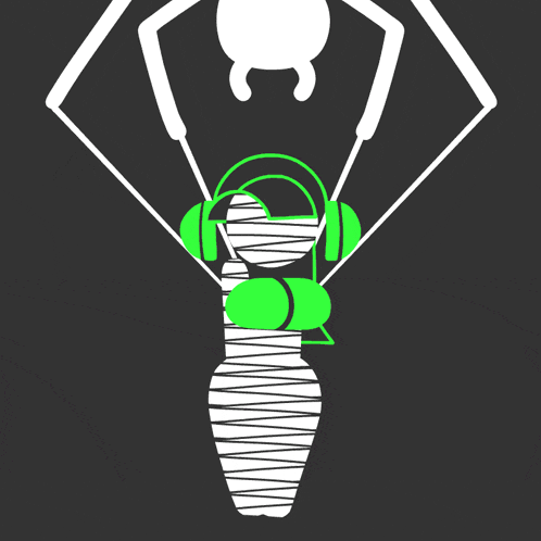a drawing of a spider wearing headphones and a bikini top
