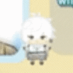 a cartoon character with white hair is standing in front of a wall .