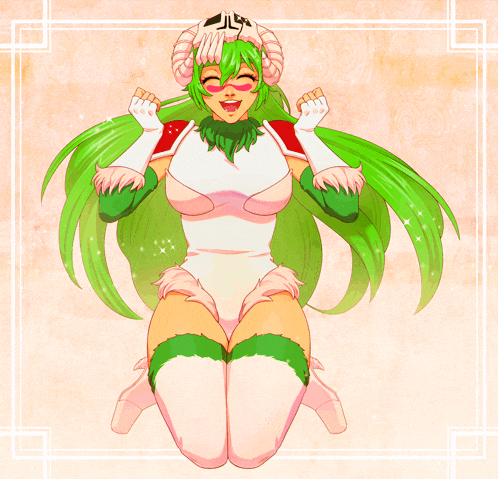 a cartoon drawing of a woman with green hair and a skull on her head