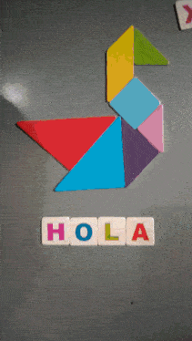 a girl is standing in front of a fridge that has the word hola written on it