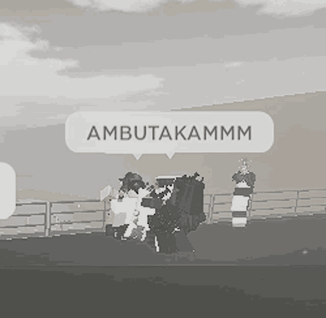 a group of people standing in front of a fence with a speech bubble that says ' ambutakamm ' on it