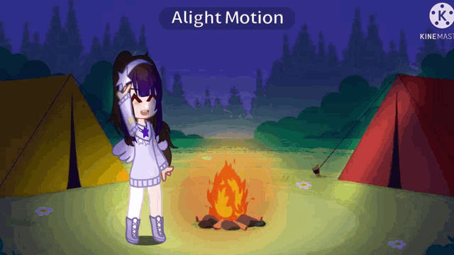 a cartoon of a girl standing in front of a campfire with a sign that says alight motion above her
