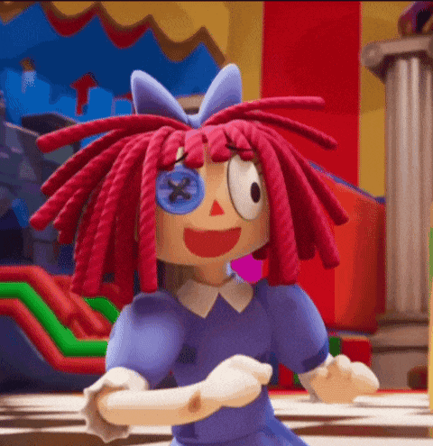 an animated doll with red hair and a blue eye has a button on her eye