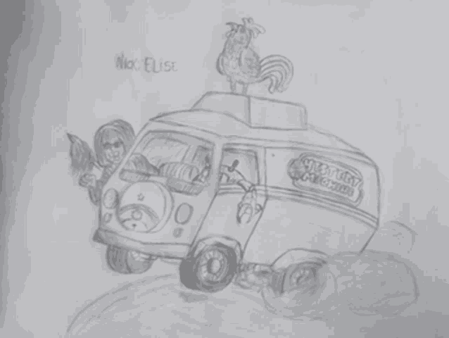 a black and white drawing of a nickelodeon van