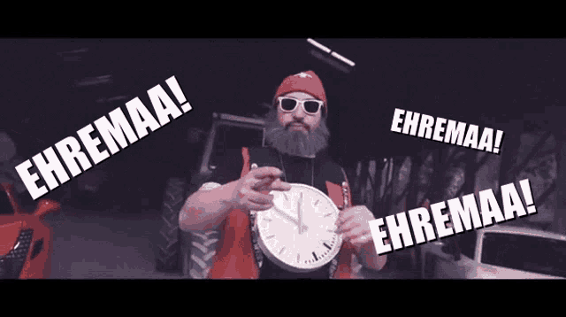 a man with a beard is holding a clock with the words " ehremaa " around him