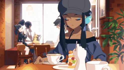 a girl in a hat sits at a table with a cup of coffee