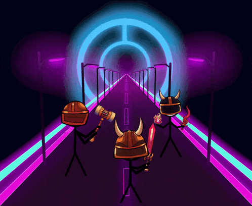 a cartoon of three vikings holding swords and hammers on a road