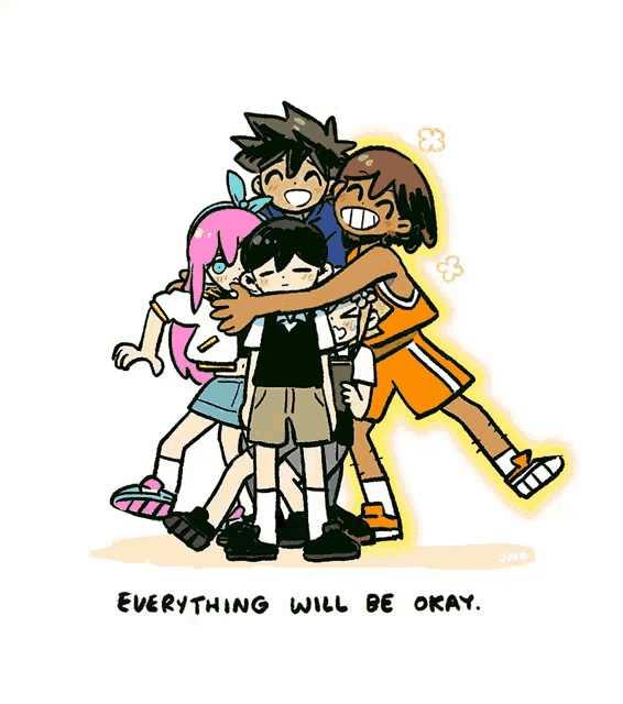 a group of children hugging each other with the words `` everything will be okay '' written on the bottom .