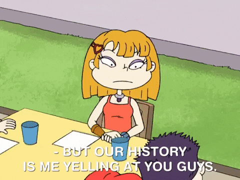 a cartoon of a girl sitting at a table talking to a man while holding a cup ..