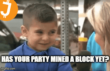 a little boy talking to a woman with the words has your party mined a block yet on the bottom