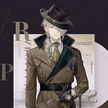 a man wearing a hat and a trench coat is standing in front of a sign that says tdnhxkb