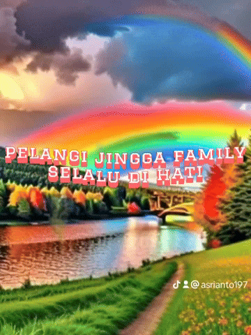 pelangi jingga family selalu di hati is written on a picture of a rainbow over a lake