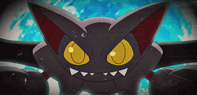 a close up of a cartoon character with yellow eyes and teeth