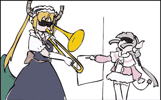 a cartoon of a dragon maid playing a trumpet next to a girl .