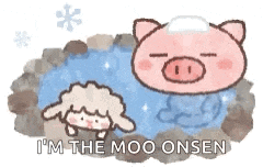 a pig and a sheep are sitting in a hot spring .