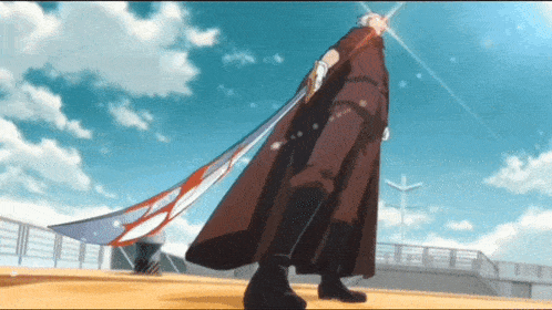 a man in a long coat is holding a large sword in front of a blue sky