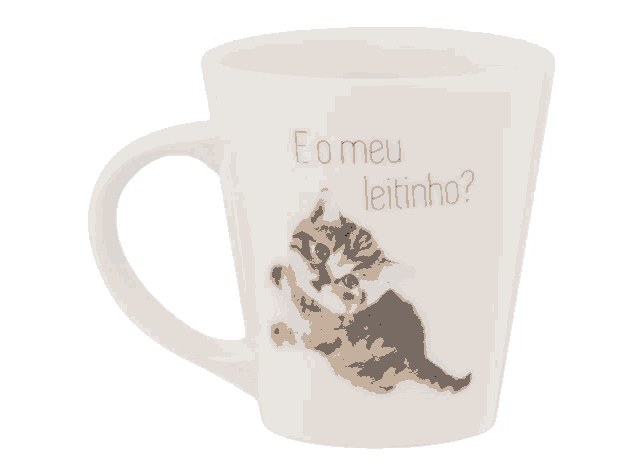 a mug with a kitten on it and the words eo meu leitinho