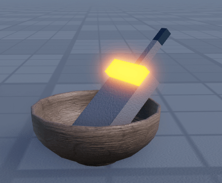 a computer generated image of a wooden bowl with a sword in it