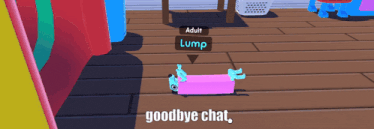 a cartoon character laying on a wooden floor with the words goodbye chat on the bottom