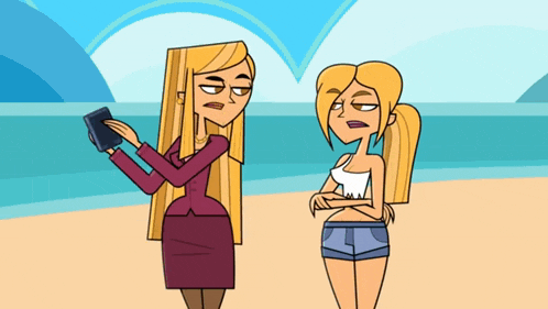 a cartoon of two women standing on a beach one holding a book