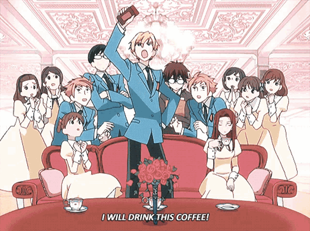 a group of anime characters are gathered around a table with the words i will drink this coffee on the bottom