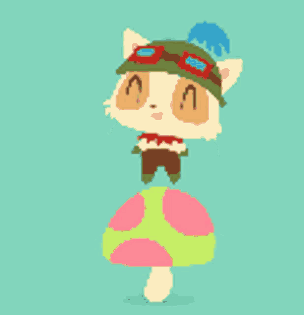 a cartoon cat wearing a hat and goggles standing on a mushroom