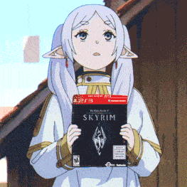 a girl with white hair is holding a skyrim video game