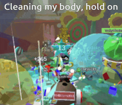a screenshot of a video game with the words " cleaning my body hold on "