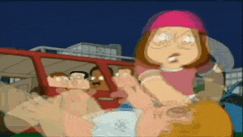 a cartoon of a woman holding a man 's feet in front of a red van