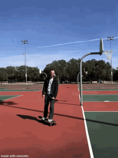 a man is riding a skateboard on a basketball court with the words made with mematic below him