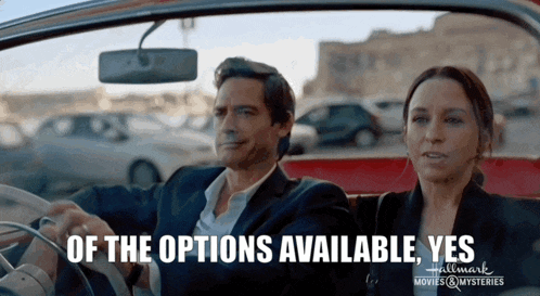 a man and a woman are sitting in a car with the words of the options available yes