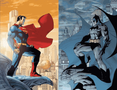 superman and batman are standing next to each other in front of a cityscape