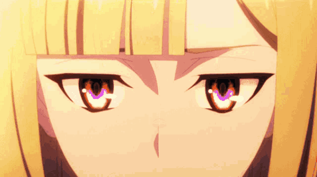a close up of a girl 's face with glowing red eyes