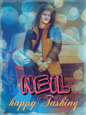a painting of a man sitting in front of a car with the name neil