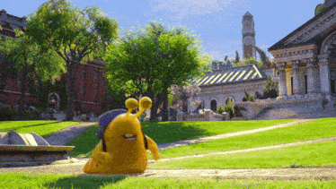 a cartoon character in front of a building with a clock tower on top