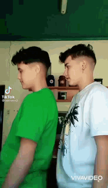 two young men are standing next to each other in a living room .