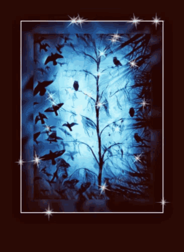 a painting of birds flying around a tree in the dark