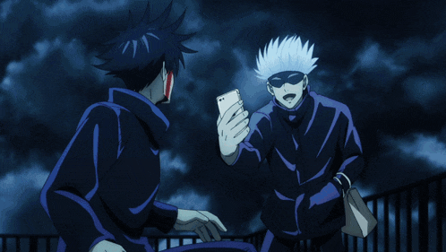 two anime characters are standing next to each other with one holding a cell phone