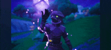 a person in a purple outfit is standing in a field with a purple lightning bolt coming out of their mouth .