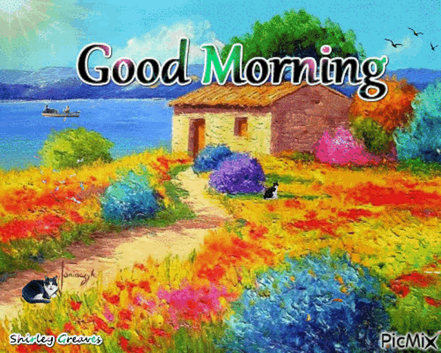a colorful painting of a house and flowers with the words good morning
