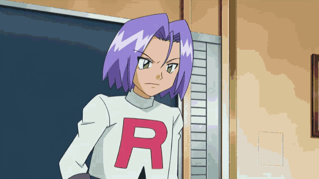 a cartoon character with purple hair is wearing a shirt with the letter r on it