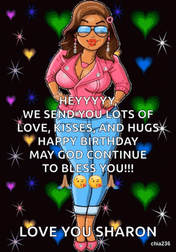 a cartoon of a woman wearing sunglasses and a pink jacket says happy birthday may god continue to bless you !!