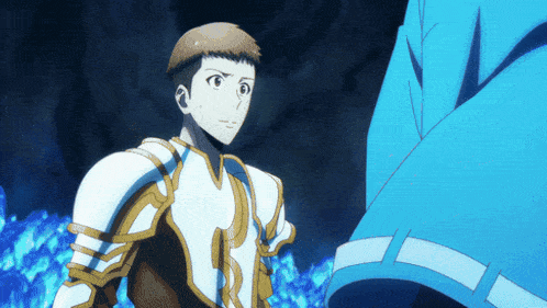 a man in armor is standing in front of a blue object