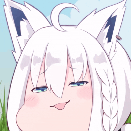 a cartoon character with white hair and blue eyes is making a funny face
